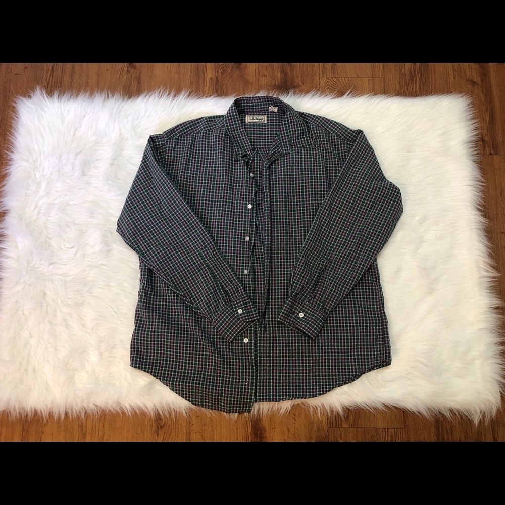 LL Bean Green Plaid Button Down Collar LG